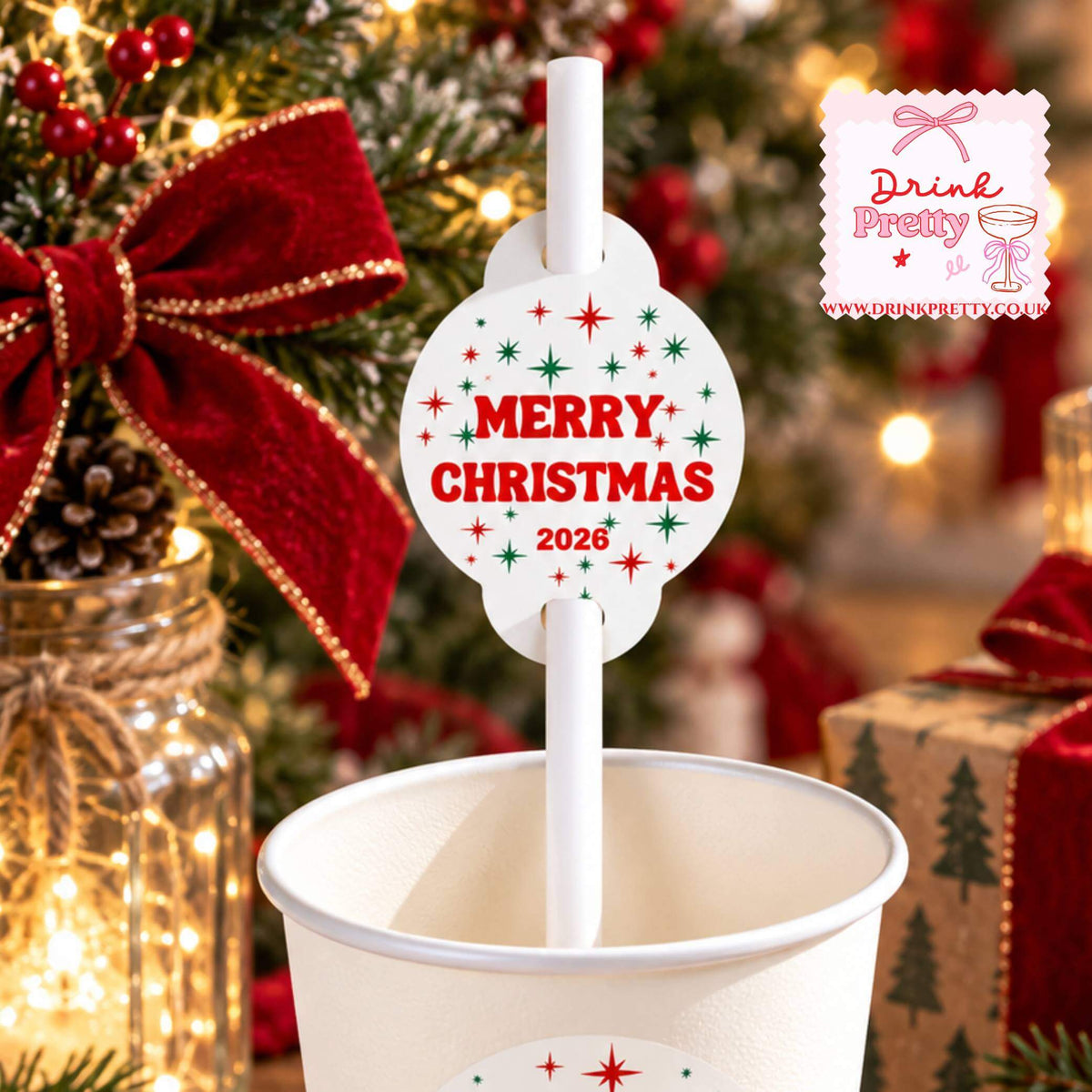 Merry Christmas Paper Straw Toppers pack of 24 displayed on a festive drink in a holiday setting.