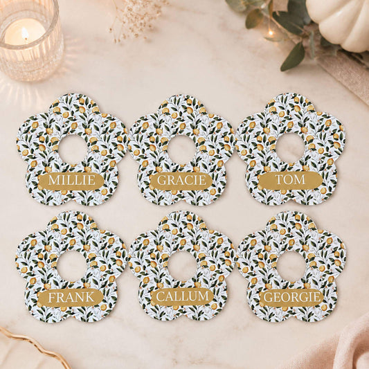 Limoncello personalised name drink identifiers set of 6, featuring floral design drink markers with names Millie, Gracie, Tom, Frank, Callum, Georgie.