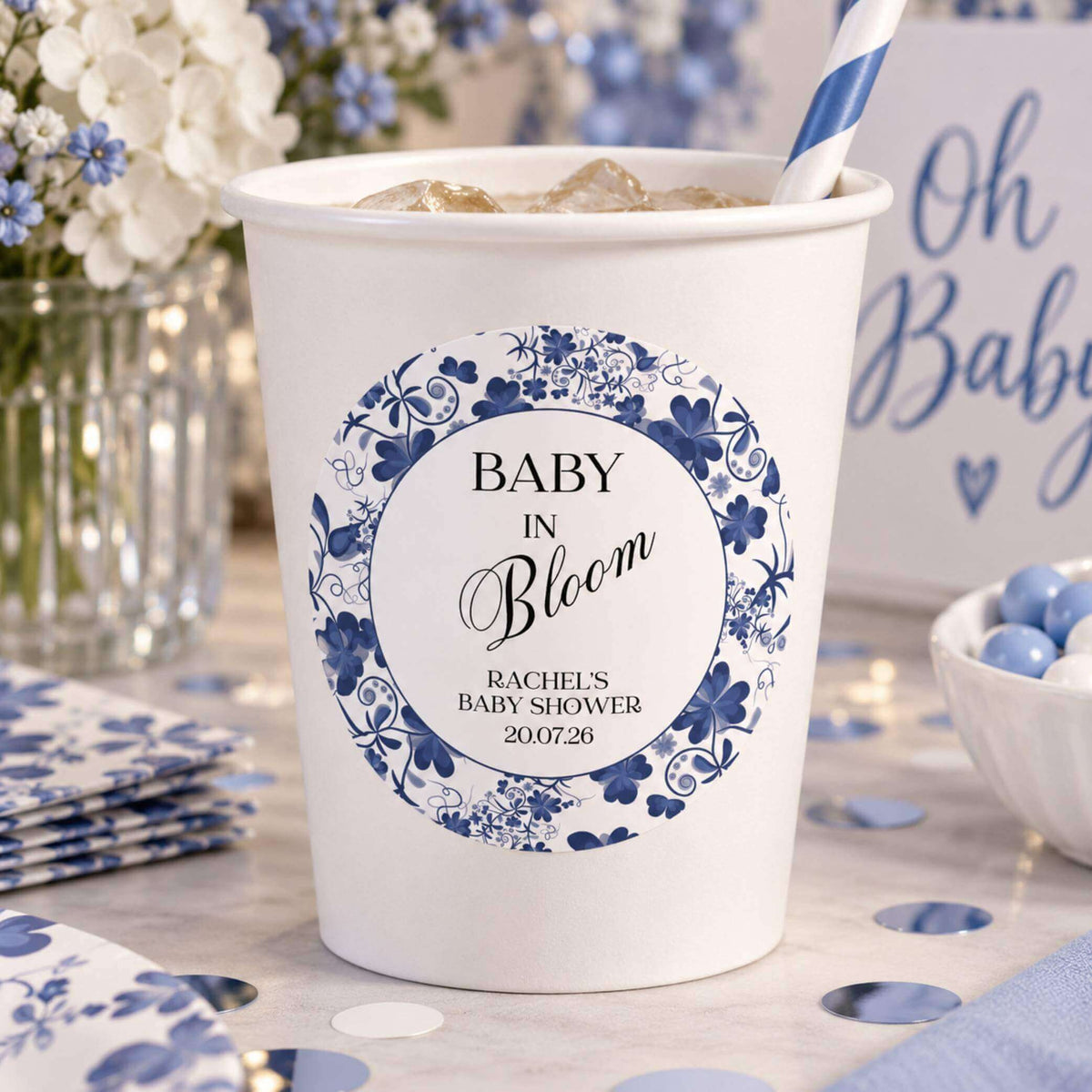 Baby In Bloom Blue Baby Shower Cup & Favour Stickers