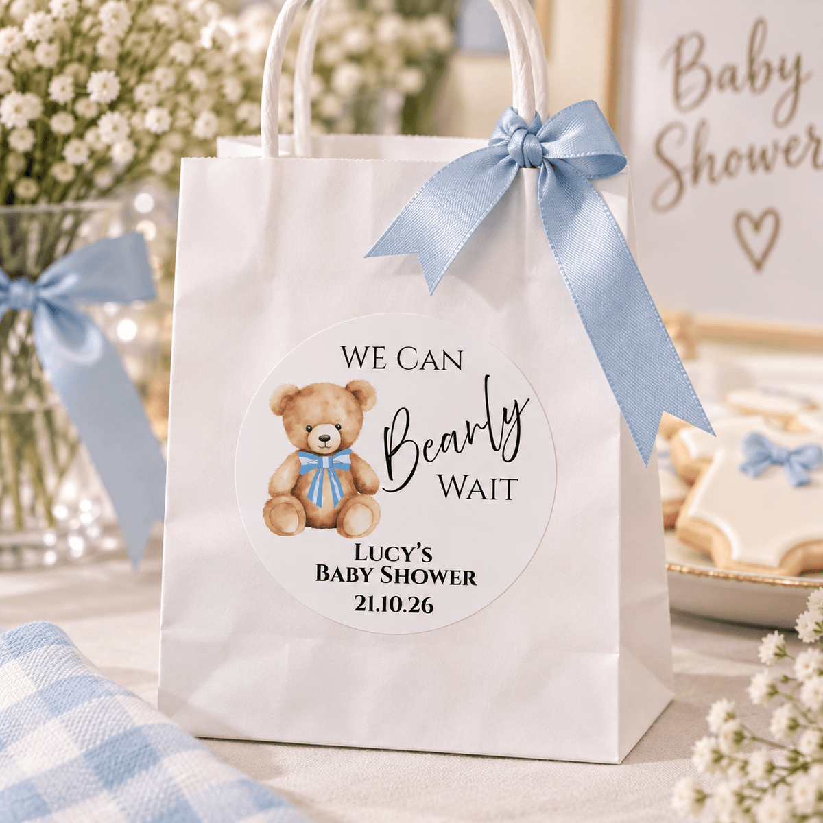 We Can Bearly Wait Blue Baby Shower Cup & Favour Stickers