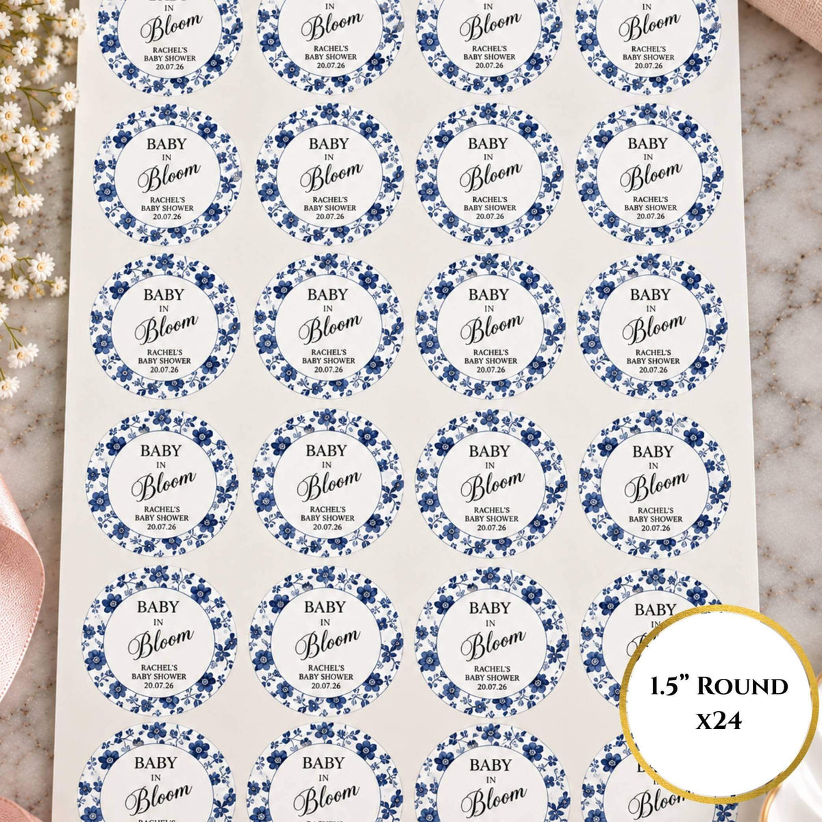 Baby In Bloom Blue Baby Shower Cup & Favour Stickers