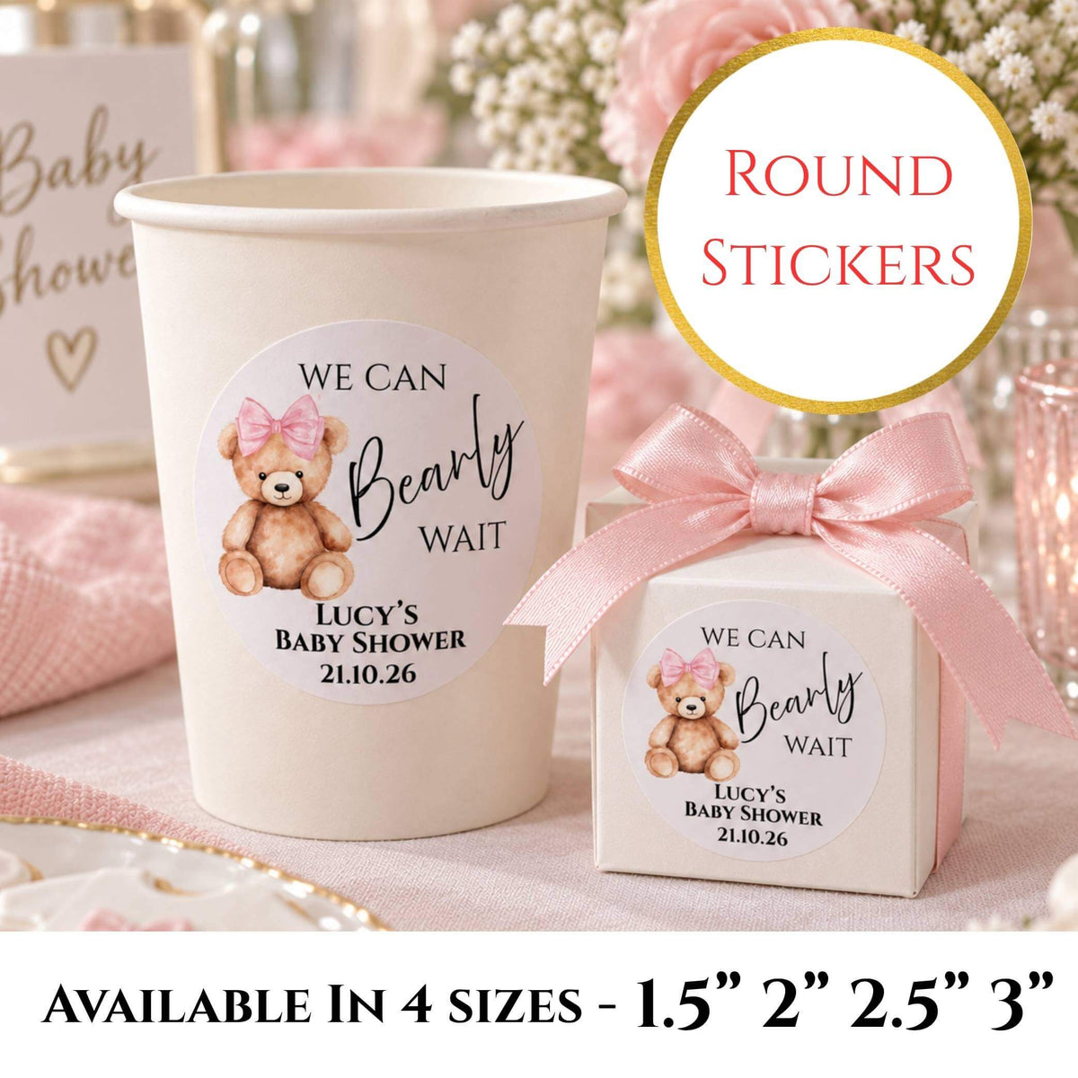 We Can Bearly Wait Pink Baby Shower Cup & Favour Stickers