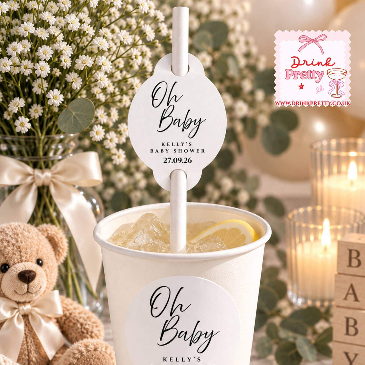 Oh Baby Straws and Toppers in personalized drink cup for baby shower celebration.