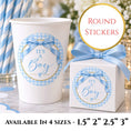 Load image into Gallery viewer, It's A Boy Blue Baby Shower Cup and Favour Stickers in a charming blue gingham design, ideal for baby boy celebrations.
