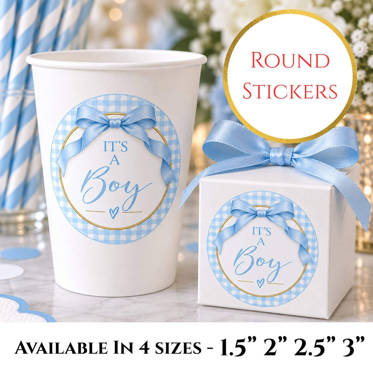 It's A Boy Blue Baby Shower Cup and Favour Stickers in a charming blue gingham design, ideal for baby boy celebrations.