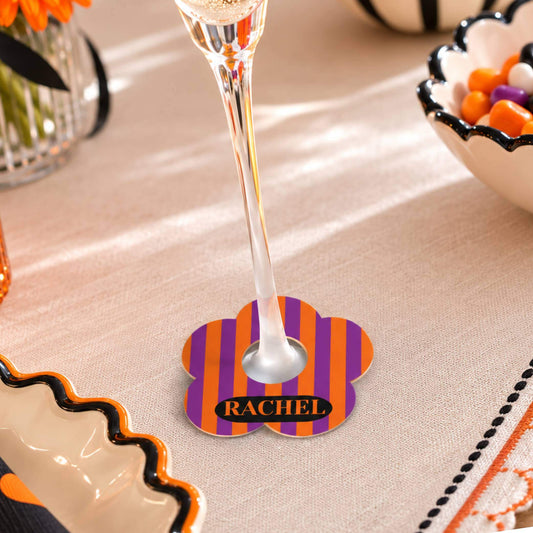 Halloween Stripe Personalised Name Drink identifier featuring the name Rachel in bold on a vibrant striped flower design.