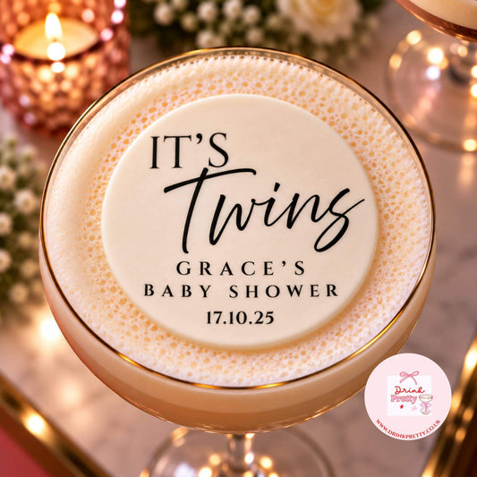 Twins Baby Shower Edible Cocktail Toppers on a cocktail celebrating Grace's baby shower with elegant design.
