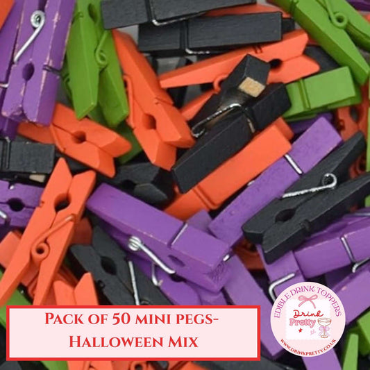 Halloween mini wooden pegs in festive colors, perfect for drink toppers. Pack of 50 mini pegs for stylish events.