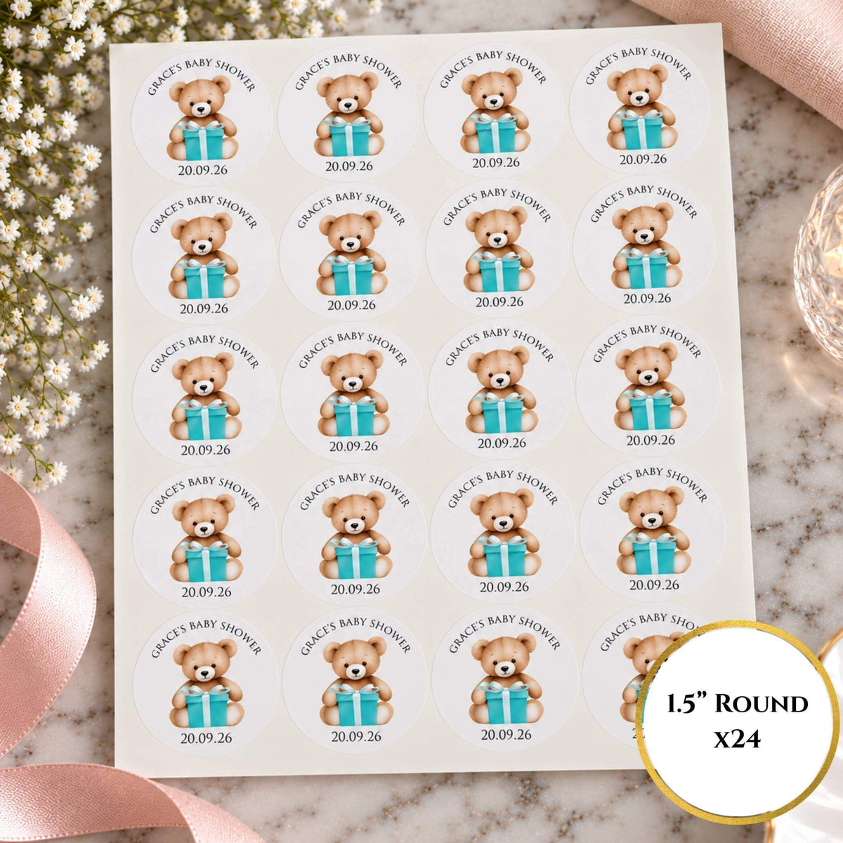 Tiffany Blue Teddy Bear Baby Shower Cup & Favour Stickers