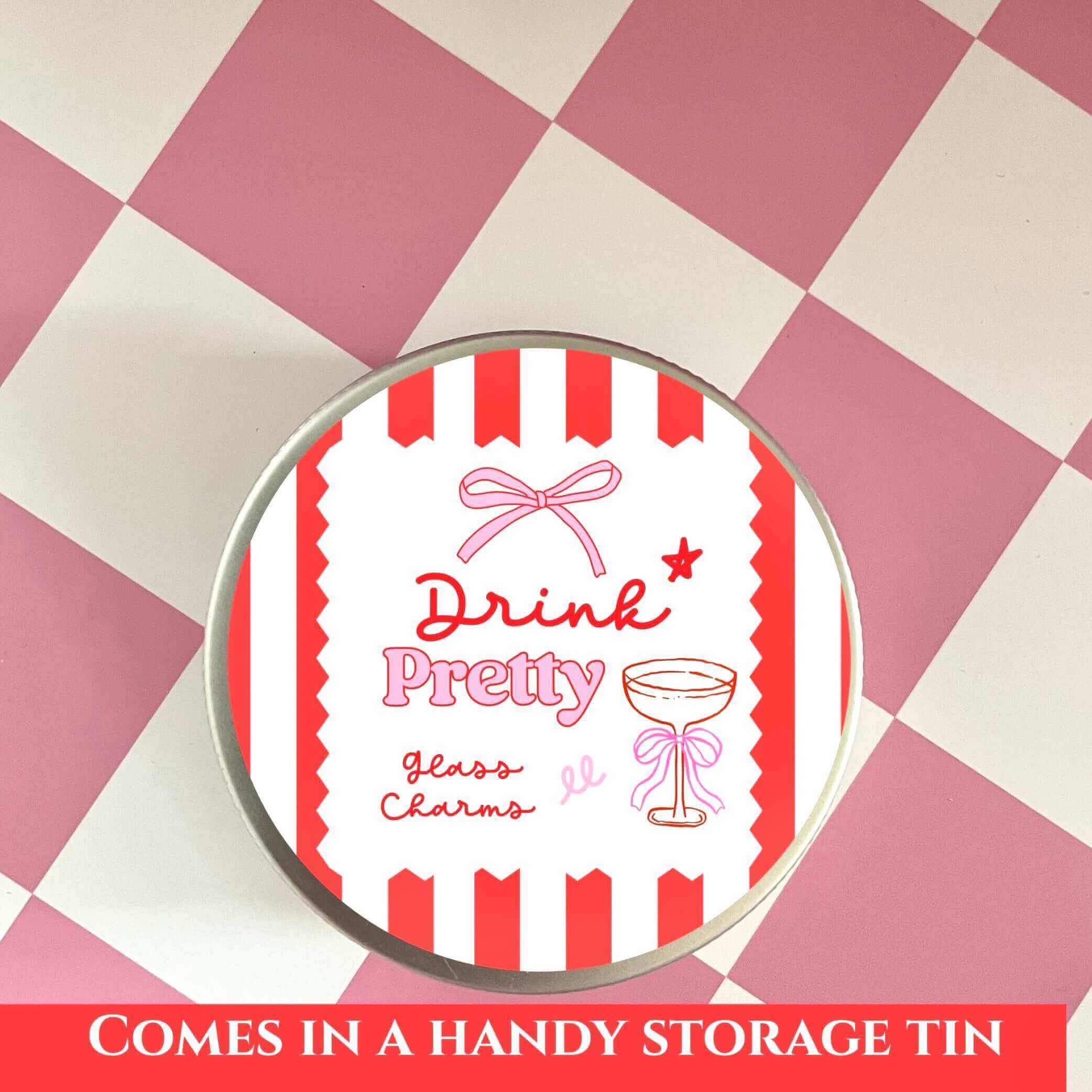  Bottle Charm Gift Tag in Drink Pretty storage tin with decorative design on pink checker background.