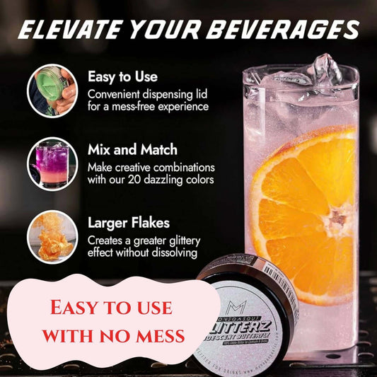 Elevate your beverages with Iridescent Butterfly shimmer, showcasing ease of use and creative drink options.
