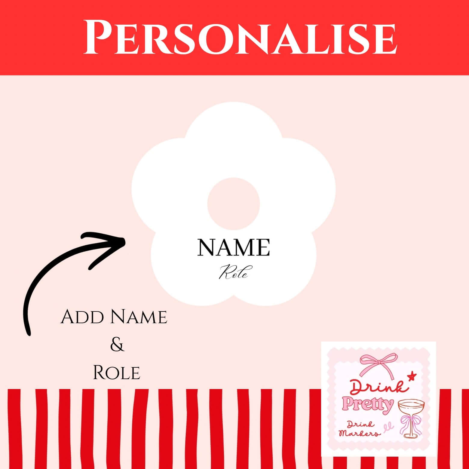 Wedding Attendees white personalised name drink marker design showcasing personalisation with name and role.