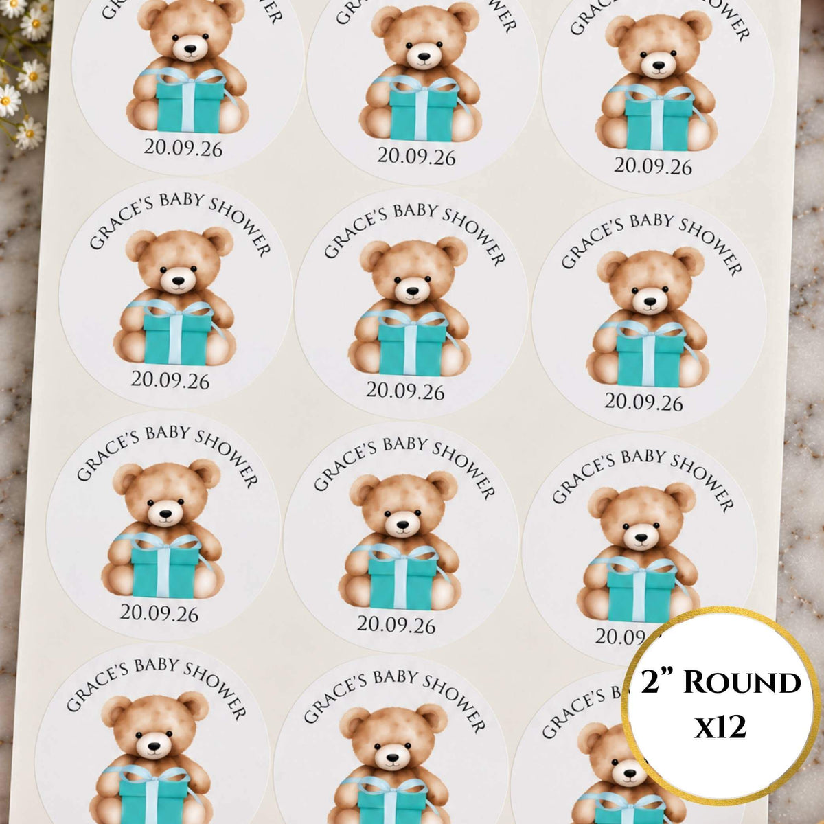 Tiffany Blue Teddy Bear Baby Shower Cup & Favour Stickers