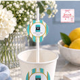 Load image into Gallery viewer, Little Blue Ring Box paper straw topper in a cup for engagement party celebration drinks.
