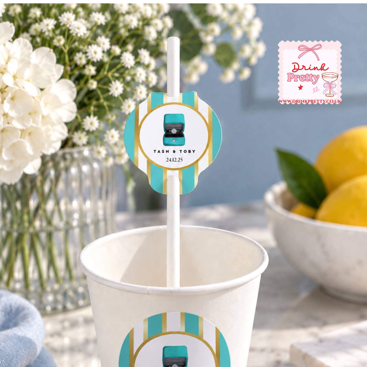 Little Blue Ring Box paper straw topper in a cup for engagement party celebration drinks.