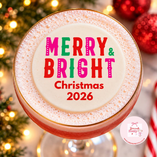 Merry & Bright edible drink toppers on festive cocktail for Christmas 2026 celebration.