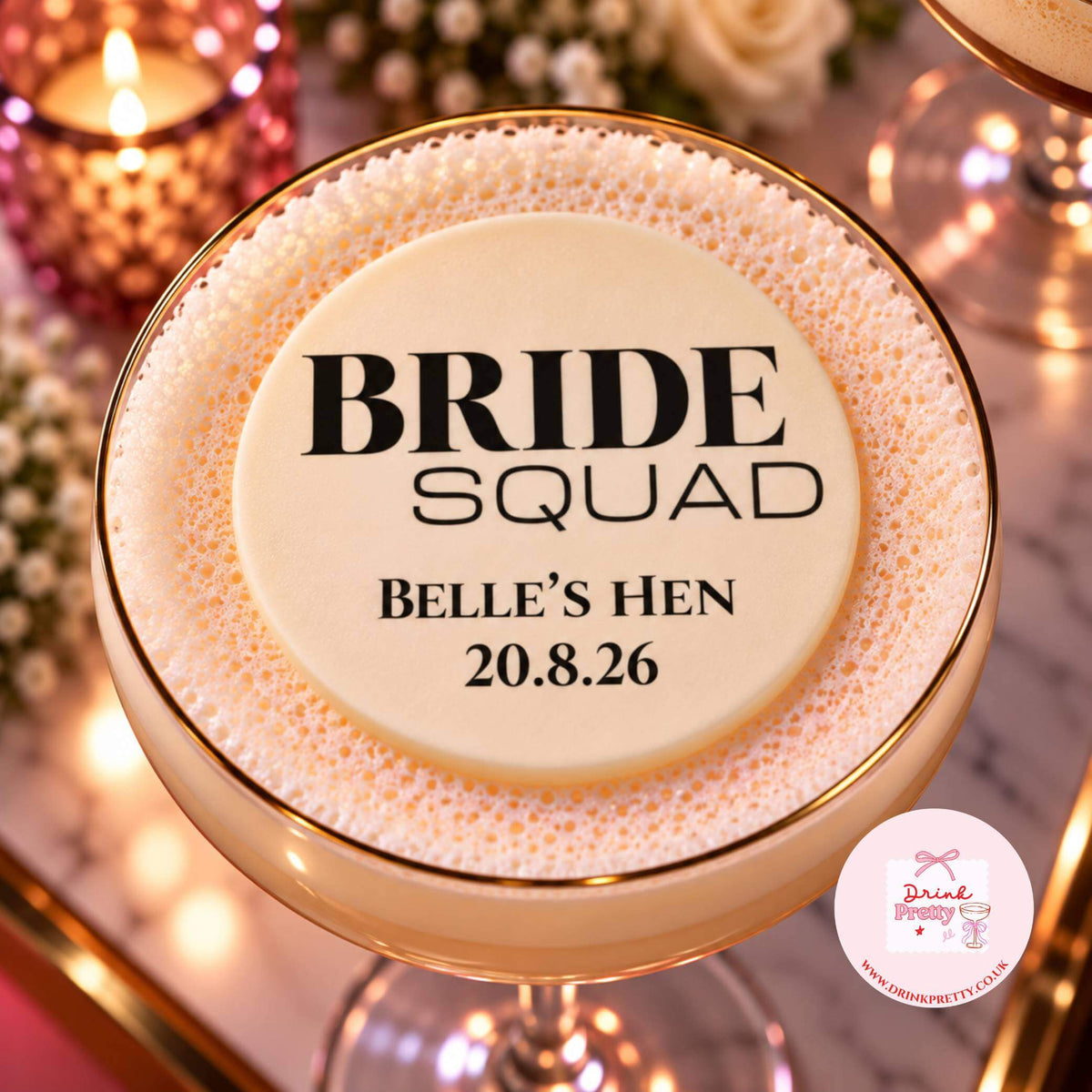 Bride Squad Hen Cocktail Toppers on a stylish cocktail for Belle's hen party, enhancing drink aesthetics.