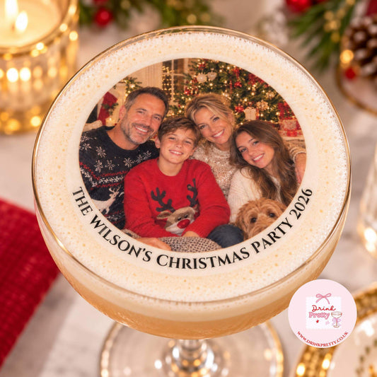 Upload your own Christmas photo Edible Cocktail Toppers featuring a family photo for festive drinks.