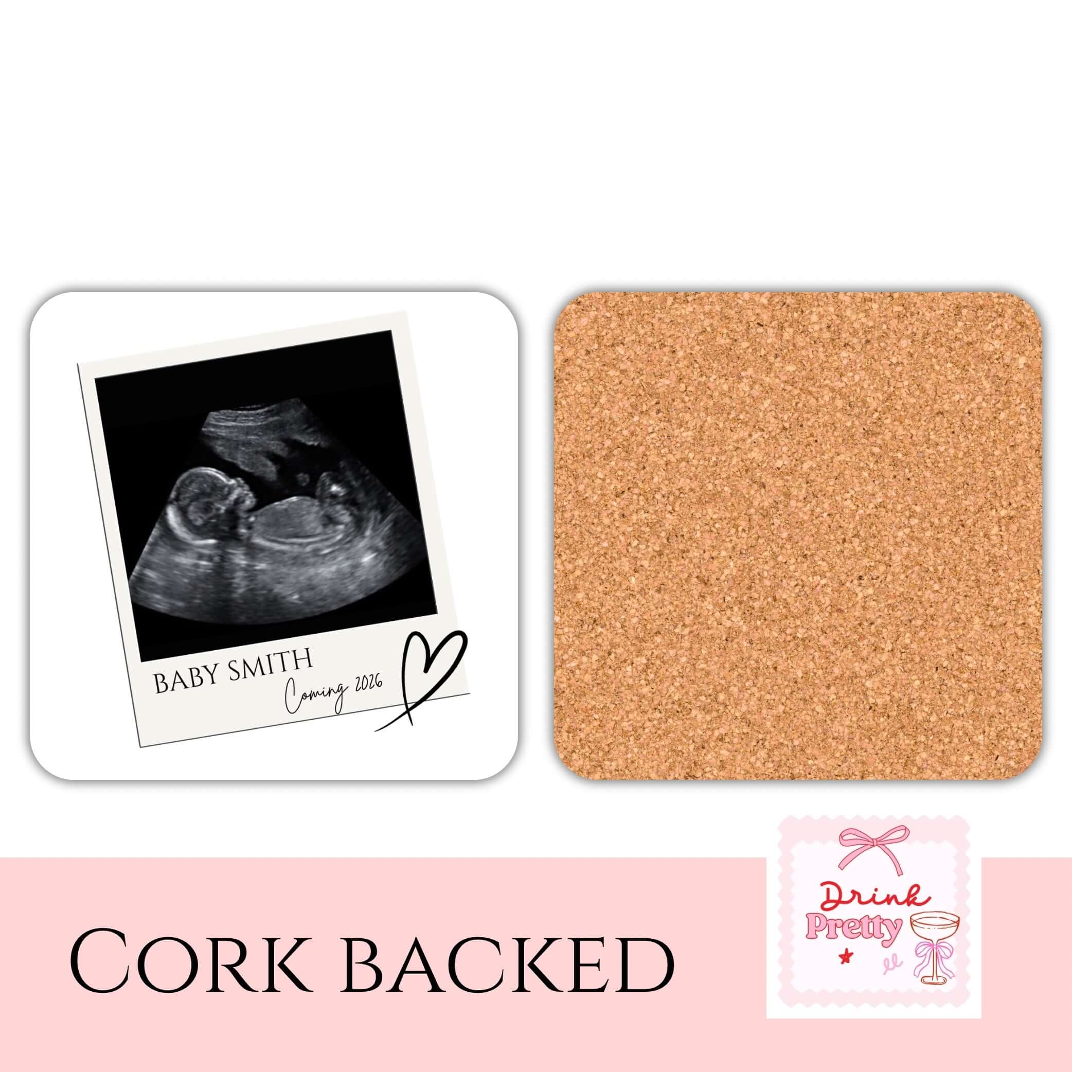 Baby scan coasters featuring ultrasound photo of Baby Smith with cork backing, a unique gift for loved ones.