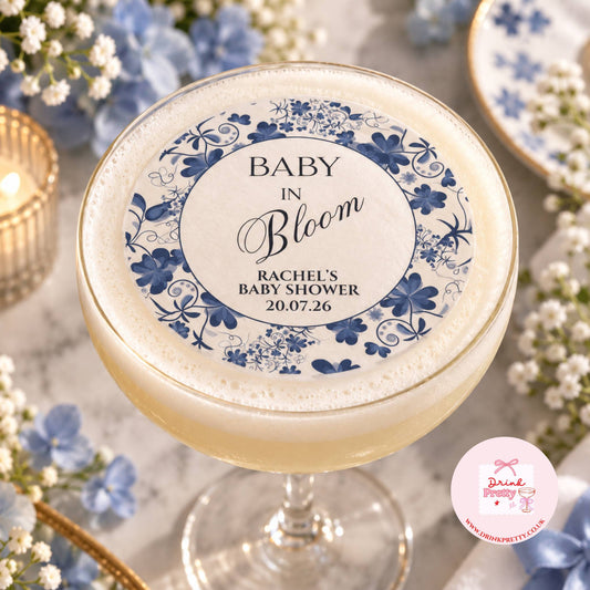 Baby In Bloom Blue Flower Edible Cocktail Topper on drink for Rachel's baby shower celebration.