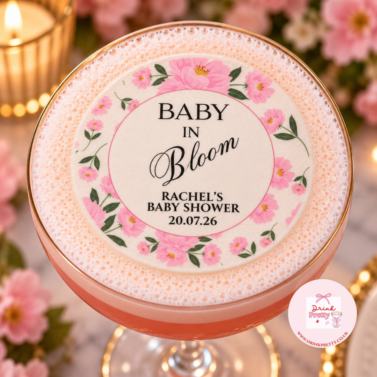 Baby In Bloom Pink Baby Shower custom drink topper featuring floral design for Rachel's baby shower.